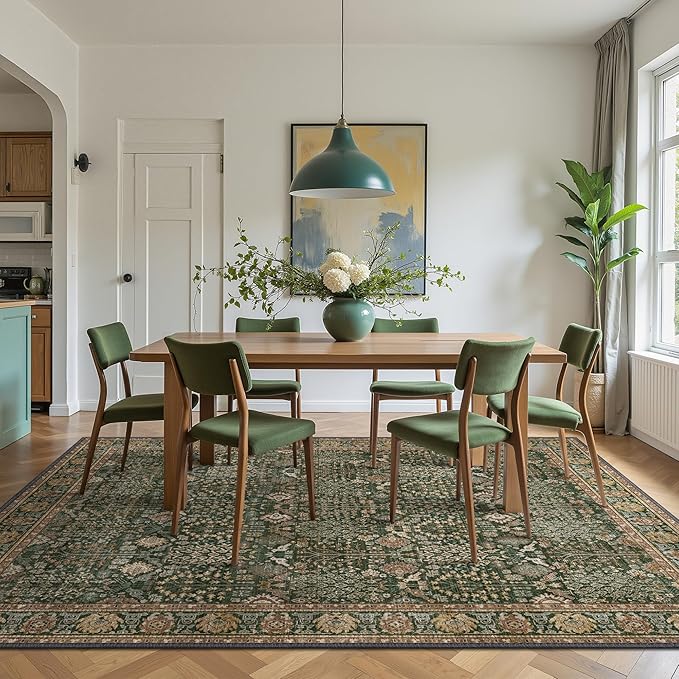 Bavni Washable Rugs 8x10-Machine Washable Rug Lightweight Low Pile, Vintage Floral Rug Non-Shedding Distressed Throw Carpet for Living Room Bedroom Office, Dark Green/Multi