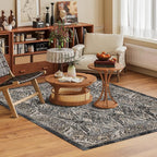 Washable Area Rug 9' x 12' Vintage Traditional Persian Mat - Foldable Distressed Non-Slip Machine Washable Carpet for Living Room Bedroom Kitchen Home Decor - Ebony and Taupe