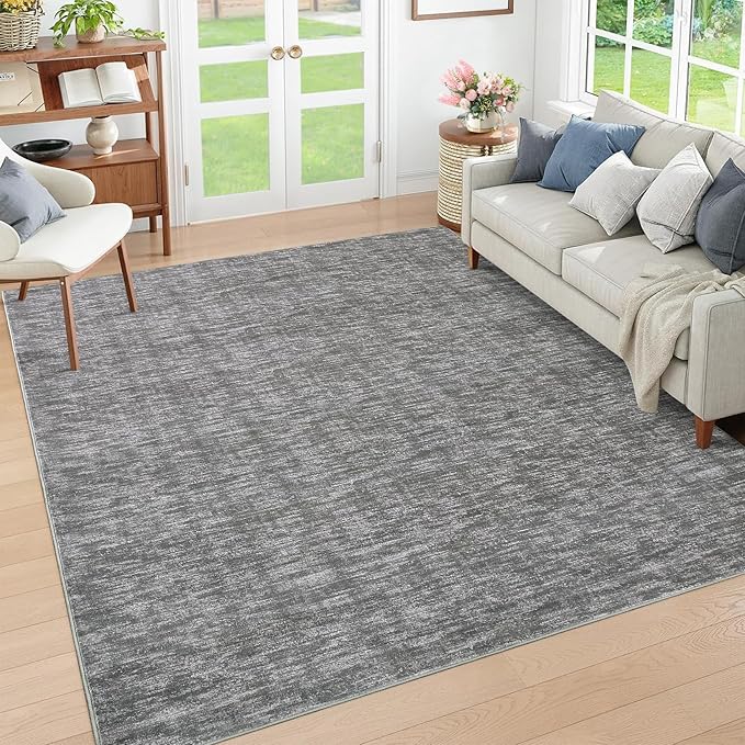 RUGSREAL Machine Washable Area Rug 9x12 Large Living Room Rug with Rubber Backing Modern Solid Color Dining Room Throw Carpet Contemporary Rug for Home Decor Office, 9' x 12' Grey