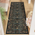 DUKINO 2x6 Runner Rug for Hallway, Washable Vintage Floral Kitchen Rug with Non Slip Backing, Soft Low Pile Throw Carpet Runner for Kitchen, Laundry, Hallway, Bathroom, Black