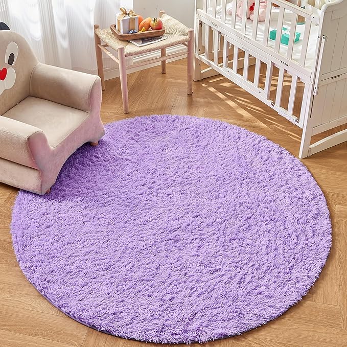 Andency Purple Round Area Rug for Bedroom, Shag Circle Rug 4'X4' for Room, Cute Fluffy Circular Carpet for Room, Shaggy Fuzzy Plush Rug for Room Dorm Playroom