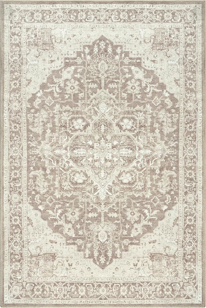 Bloom Rugs Washable Non-Slip 6' x 9' Rug - Light Brown Traditional Medallion Area Rug for Living Room, Bedroom, Dining Room, and Kitchen - Exact Size: 6' x 9'