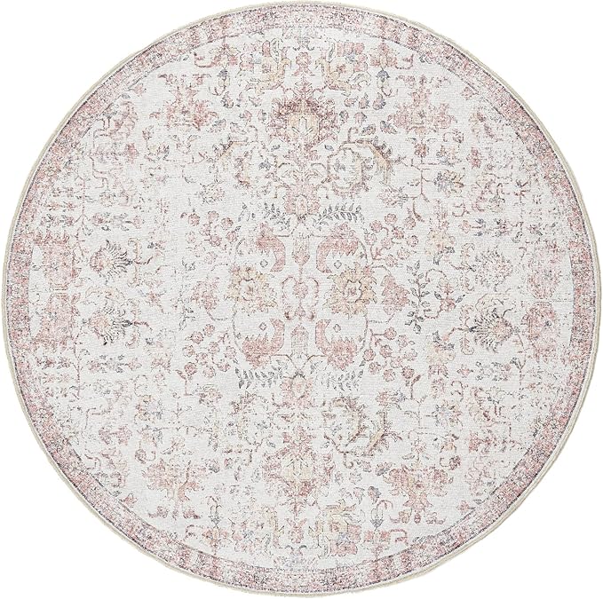 jinchan Kalen Round Rug 4ft Area Rug Washable Vintage Indoor Retro Accent Entryway Floor Cover Distressed Floral 4' Round Circle Boho Non Slip Thin Carpet for Bedroom Living Room Dining Room Red