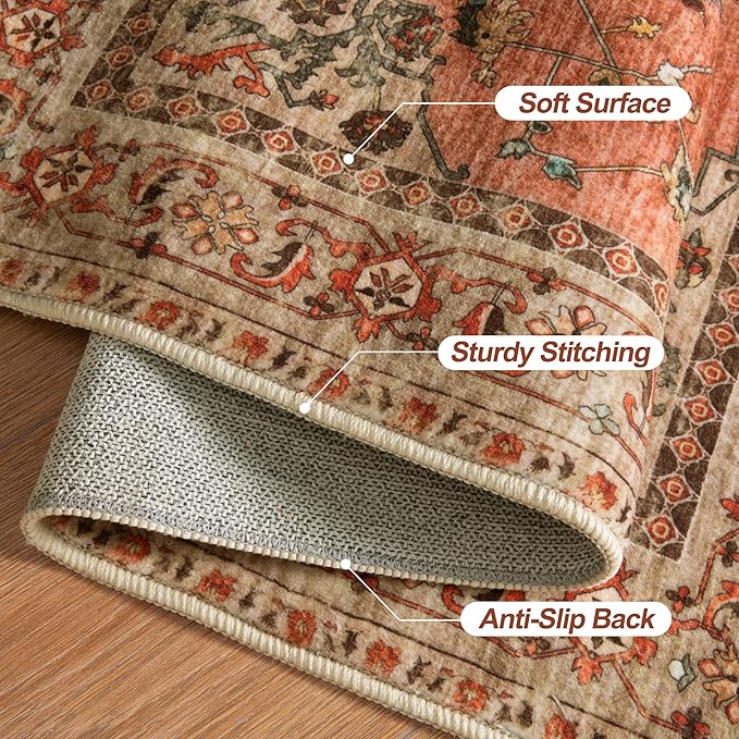 Tangsoo Boho Hallway Runner Rug 2.6x12 Washable Runner Rug for Hallways, Non Slip Vintage Soft Low Pile Long Rug Runner, Oriental Terracotta Carpet Runners for Kitchen Bedroom Entryway Living Room