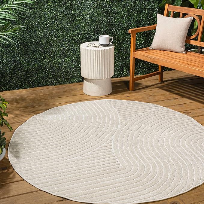JONATHAN Y Hallie High-Low Curve Ivory/Cream 8' Round Indoor/Outdoor Area Rug, Minimalist, Pet Friendly, Non-Shedding, Stain Resistant, Hose-Washable for Backyard, Patio, Porch (SCN100B-8R)