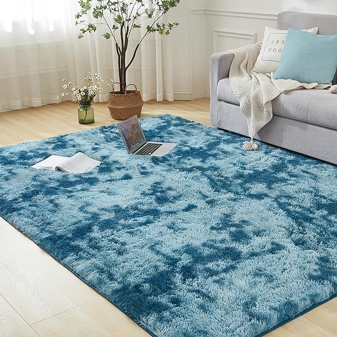 Andency Soft Area Rugs for Living Room Bedroom, 5x8 Fluffy Shaggy Bedside Rug, Non-Slip Large Shag Fuzzy Plush Carpets for Bedroom Kids Dorm Nursery Home Decor Aesthetic, Tie-Dyed Navy Blue