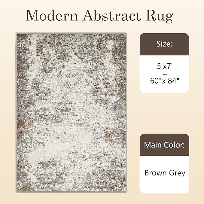 5x7 Washable Area Rugs - Modern Abstract Rugs for Living Room Non-Slip Low Pile Soft Machine Washable Carpet for Bedroom, Dining Room, Nursery, Home Office, Farmhouse (5'x7' Brown Grey)