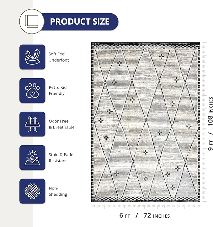 Abani Viva Cream & Grey Area Rug 6' x 9' for Living Room, Bedroom - Farmhouse Diamond Pattern - Durable & Easy to Clean