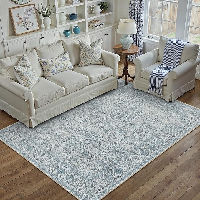 Blue Area Rug 4x6 Washable Office Entryway Carpet Soft Vintage Indoor Kitchen Living Room Door Mat Traditional Retro Distressed Thicker Throw Small Rug Bedroom Dining Room Bathroom