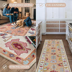 Fame Living Orange Oushak Rug, Modern, Vintage, Turkish, Eclectic, Floral, Pastel, Washable, Extra Large Area Rugs for Living Room, Dining, Bedroom, Lounge, 9'x12'