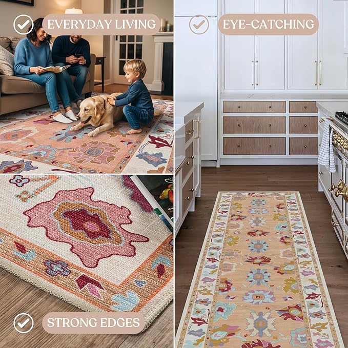 Fame Living Orange Oushak Rug, Modern Rugs, Vintage, Turkish, Eclectic, Floral, Pastel, Washable, Small Throw, Accent Area Rug for Living Room, Bedroom, Kitchen, Bathroom, 2'5"x4'9"