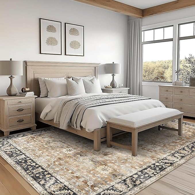 ReaLife Rugs Machine Washable Area Rug Runner - Living Room Bedroom Bathroom Kitchen Entryway Office - Padded Low Pile Stain Resistant Premium - Boho Farmhouse Vintage - BEV - Beige Tan Brown 3' x 5'