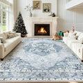 8x10 Area Rugs Washable Rugs for Living Room, Large Vintage Boho Rug Non-Slip Soft Floral Distressed Rug Low Pile Stain Resistant Carpet for Bedroom Nursery Office Dining Room Farmhouse(Blue, 8'x10')