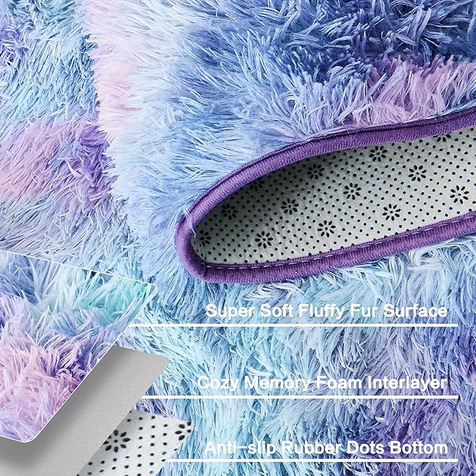 Andency Soft Area Rugs for Living Room Bedroom, 5x8 Fluffy Shaggy Bedside Rug, Non-Slip Large Shag Fuzzy Plush Carpets for Bedroom Kids Dorm Nursery Home Decor Aesthetic, Tie-Dyed Unicorn Rainbow