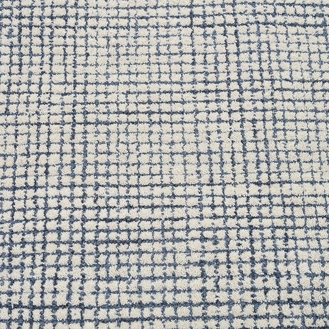 Hand-Tufted 100% Wool Pile Area Rug – Geometric Textured Grid Check Pattern – Thick and Durable Floor Carpet for Bedroom, Living Room, Kids Room, and Dining Area (Indigo Blue, 6' x 6')