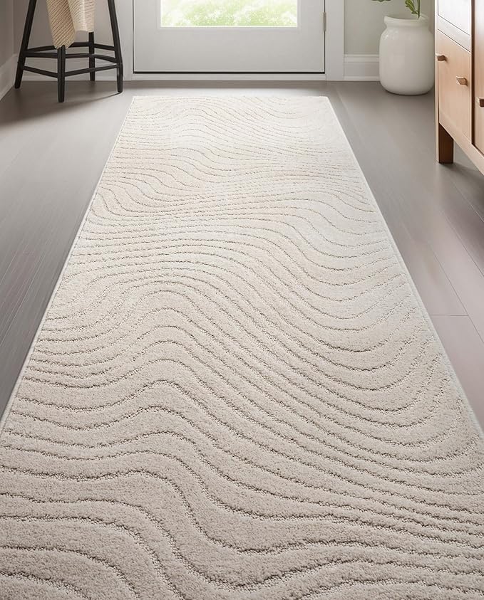 Well Woven Custom Size Hallway Stair Runner - Choose Your Length - 27 Inches Wide x 45 Feet Long Runner (27" x 45' Runner) Rug - Ivory Sibi Soft Touch, Modern Abstract - Hi-Lo Pile