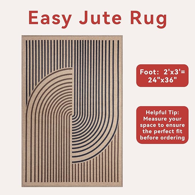 Tangsoo Rainbow Easy Jute Rug,2x3 Washable Small Area Rug for Entryway Non-Slip Ultra Thin Brown Black Outdoor Mat Modern Farmhouse Carpet for Entrance Kitchen Bedroom Front Porch Patio
