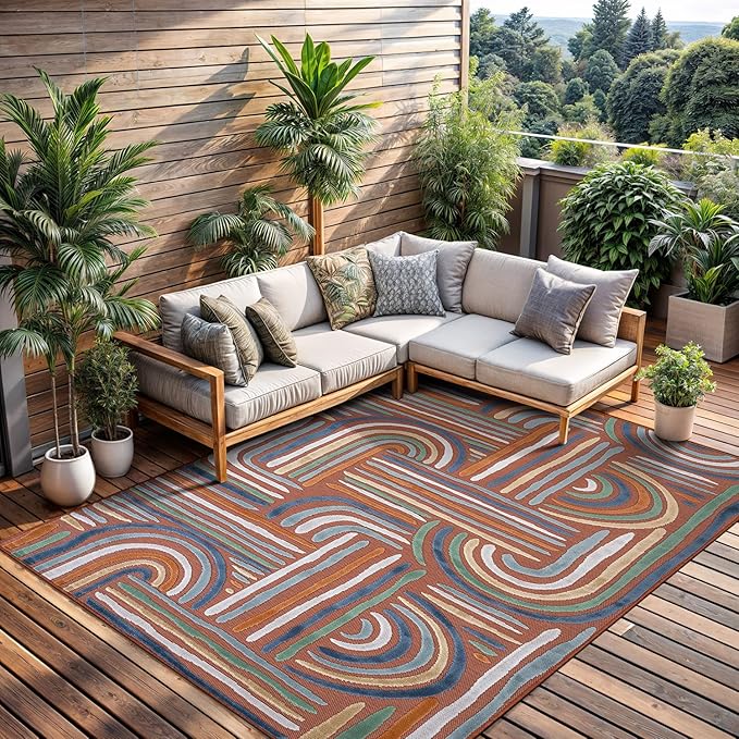 CAMILSON Indoor Outdoor Rug, Orange 6x9 Geometric Arch Striped Area Rugs for Patio and Home Areas, Easy-Cleaning Non-Shedding Living Room, Garden and Deck Washable Outside Carpet (6 x 9)