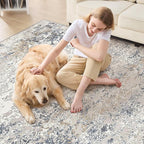 Square Area Rug Living Room Rugs - 8x8 Washable Large Soft Indoor Neutral Modern Abstract Low Pile Rug Carpet for Bedroom Dining Room Farmhouse Home Office - Beige Blue