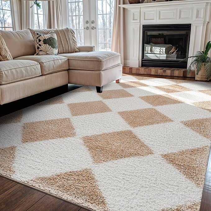 Rugshop Diamond Wave Shag Area Rug Beige 5' x 7' Great for Bedrooms, Living Rooms, or Under Coffee Tables