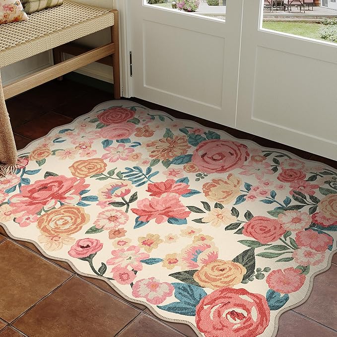 Washable Floral Area Rug 2x3 Beige Small Entryway Carpet Scalloped Flower Non Slip Soft Entrance Door Mat Farmhouse Low Pile Indoor Thin Floor Cover for Bathroom Kitchen Bedroom Laundry Room