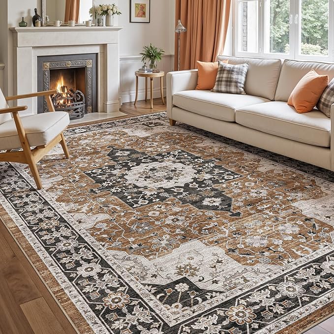 DEXI 10x14 Area Rug for Living Room, Washable Vintage Farmhouse Thin Rug Indoor Floor, Non Slip Stain Resistant Low Pile Carpet for Dining Room Bedroom Office, Brown