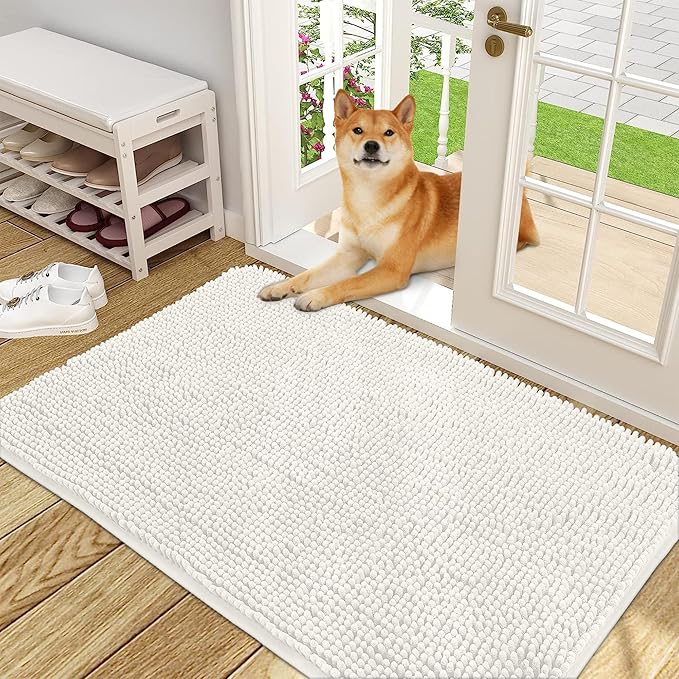 OLANLY Dog Door Mat for Muddy Paws 48x30, Absorbs Moisture and Dirt, Absorbent Non-Slip Washable Doormat, Quick Dry Chenille Mud Mat for Dogs, Entry Indoor Entryway Carpet for Inside Floor, Ivory