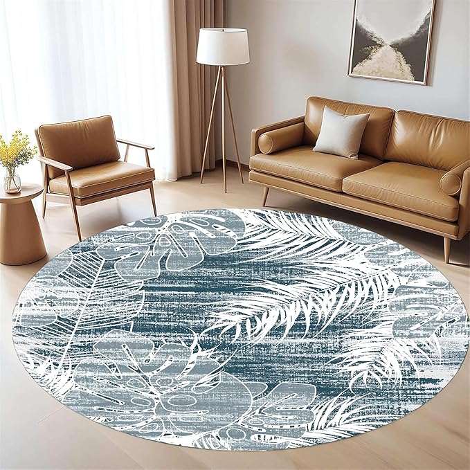 Washable Round Rug 3.3ft - Blue Tropical Botanical Pattern, Non-Slip Low Pile No Shedding Carpet, Soft Flannel Feel Rug for Living Room, Bedroom, Bathroom，Indoor Use
