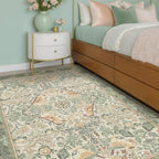 Washable Sage Green Area Rugs 5x7 for Living Room, Bedroom Bedside, Dinning Room, Office with Botanical Floral Bird Pattern, Muted Green Non Slip Stain Resistant Low Pile French Country Decor
