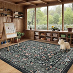 Dark Green Floral 5x7 Area Rugs for Living Room Large Washable Rug Vintage Forest Low Pile Non Slip Stain Resistance Soft Carpet for Dining Room, Bedroom, Office Rug, Kids Room, Nursery Room, Playroom
