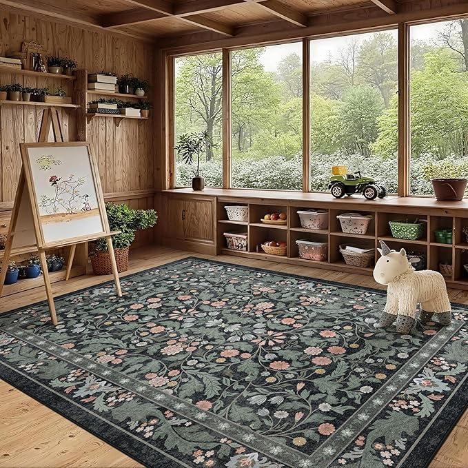 Dark Green Floral 5x7 Area Rugs for Living Room Large Washable Rug Vintage Forest Low Pile Non Slip Stain Resistance Soft Carpet for Dining Room, Bedroom, Office Rug, Kids Room, Nursery Room, Playroom