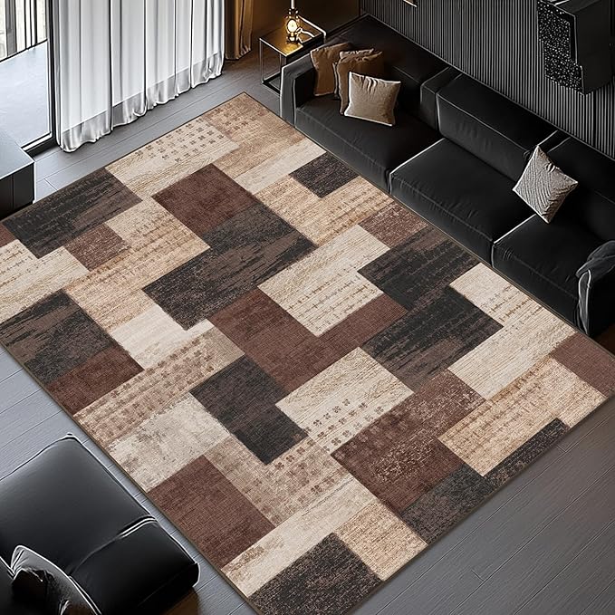 Modern Geometric Patchwork Indoor Area Rug for Living Room, Chocolate 8'x 10' Large Rug Rockwood Collection Hardwood Floors Decor for Bedroom, Brown Throw Carpet for Office Entryway Dining Room