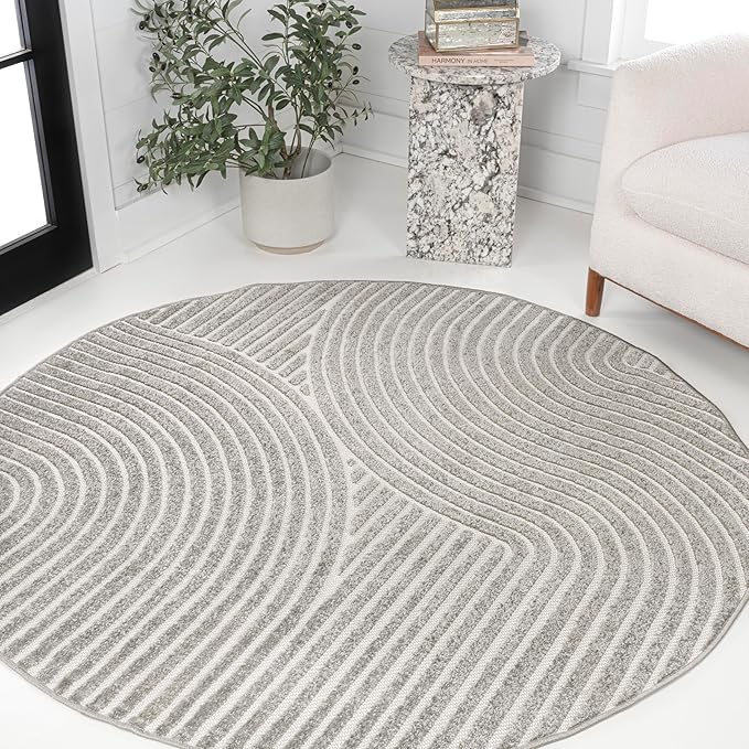 JONATHAN Y Hallie High-Low Curve Gray/Ivory 9' Round Indoor/Outdoor Area Rug, Minimalist, Pet Friendly, Non-Shedding, Stain Resistant, Hose-Washable for Backyard, Patio, Porch (SCN100A-9R)