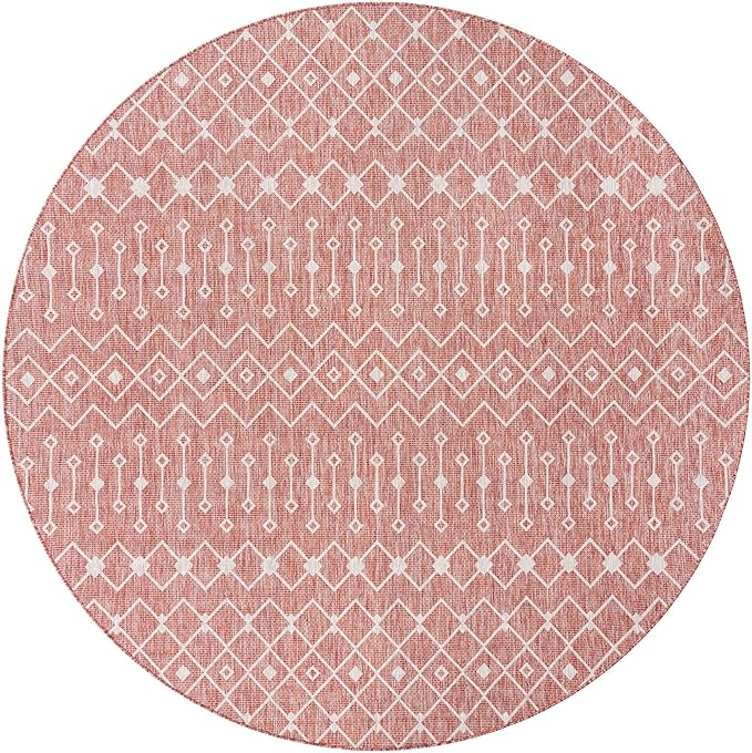 Unique Loom Outdoor Trellis Collection Area Rug - Tribal Trellis (10' 8" Round, Rust Red/ Ivory)
