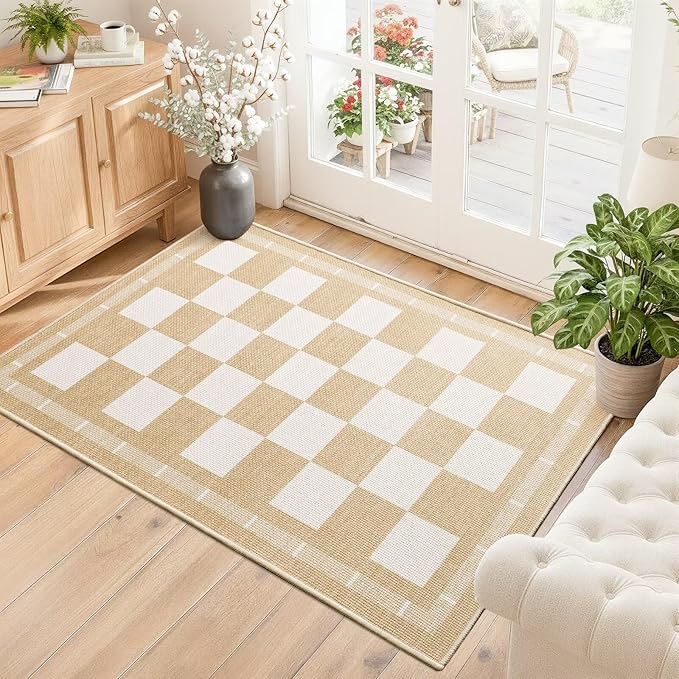 Vasofe Washable Small Entry Rug, 2x3 Checkered Jute Rugs Outdoor Indoor Front Door Mat, Non-Slip Bedroom Entrance Doorway Kitchen Mats, Plaid Farmhouse Porch Carpet, Khaki and White