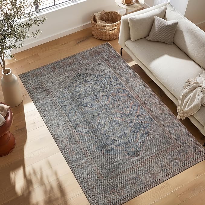 Kuden 4x6 Area Rug, Machine Washable Area Rug with Non-Slip Backing, Vintage Style, Soft, Easy Clean, Low Pile Rug for Living Room, Bedroom, Dining Room