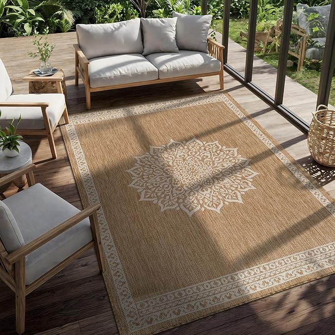 CAMILSON Outdoor Rug 6x9 Medallion Natural Modern Area Rugs for Indoor and Outdoor Patios Kitchen and Hallway Mats Washable Porch Deck Outside Carpet (Medallion Natural 6 x 9)
