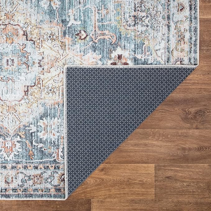 Bloom Rugs Washable Non-Slip 9' x 12' Rug - Teal/Peach Traditional Area Rug for Living Room, Bedroom, Dining Room, and Kitchen - Exact Size: 9' x 12'