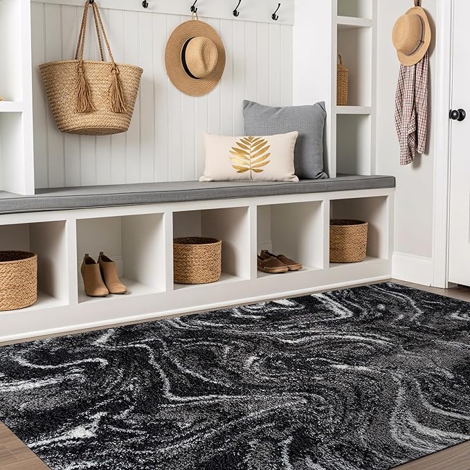 Rugshop Abstract Marble Shag Area Rug Anthracite Dark Gray 5' x 7' Great for Bedrooms, Living Rooms, or Under Coffee Tables