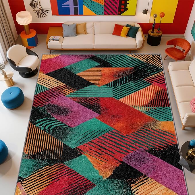 Patchwork Bedroom Rug - Abstract Geometric Art Rug, 6x9 Area Rugs, Multicolor Retro Aesthetic Non Slip Fade Resistant Large Carpets Home Decor #C036