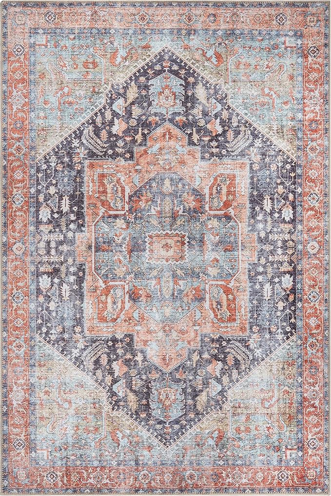 Bloom Rugs Washable Non-Slip 5' x 7' Rug - Terracotta/Blue Traditional Medallion Area Rug for Living Room, Bedroom, Dining Room, and Kitchen - Exact Size: 5' x 7'