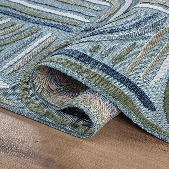 CAMILSON Indoor Outdoor Rug, Aqua 5x7 Geometric Arch Striped Area Rugs for Patio and Home Areas, Easy-Cleaning Non-Shedding Living Room, Garden and Deck Washable Outside Carpet (5 x 7)