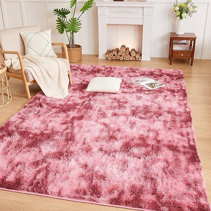 Andency 8x10 Area Rugs for Living Room, Non-Slip Fluffy Soft Large Shag Bedroom Carpet, Tie-Dyed Dark Red Big Indoor Thick Nursery Rug for Kids Dorm Home Decor Aesthetic
