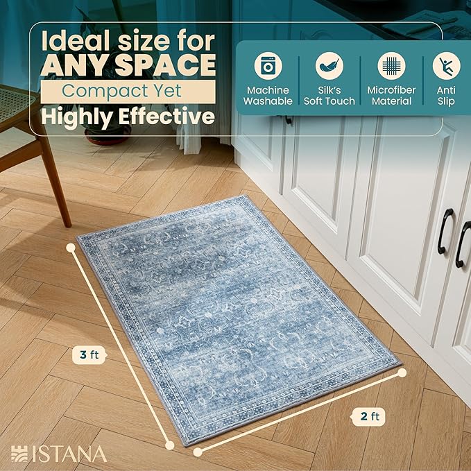Istana 2x3 Area Rug - Blue Boho Rugs for Living Room 2x3 - Foldable Small Rugs for Bedroom - Stain Resistant Washable Rug Non Slip - Eco-Friendly Area Rugs Indoor
