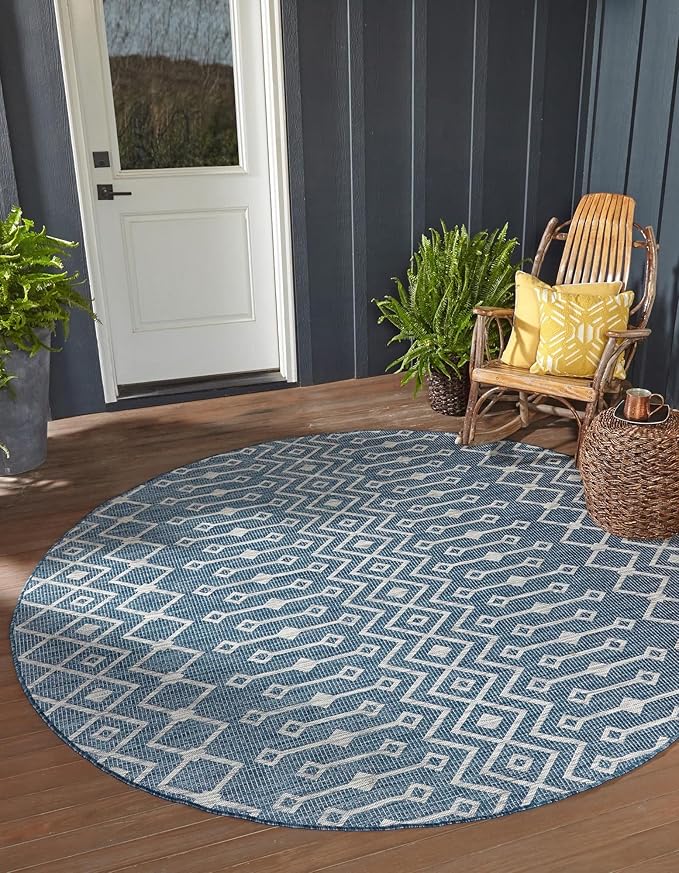 Unique Loom Outdoor Trellis Collection Area Rug - Tribal Trellis (10' Round, Blue/ Ivory)