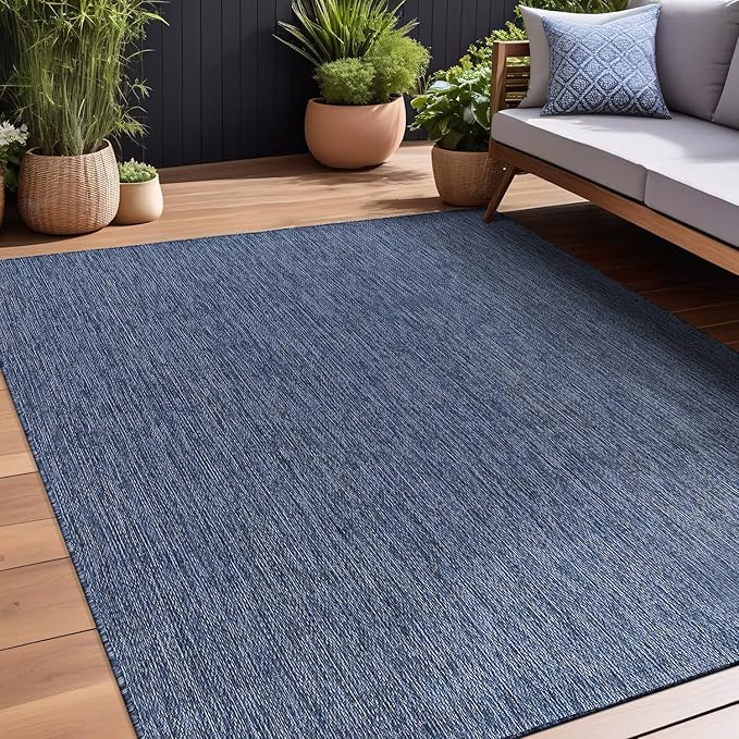 Beverly Rug Indoor Outdoor Rug 9x12, Washable Outside Carpet for Patio, Deck, Porch, Solid Modern Area Rug, Water Resistant, Azure Blue
