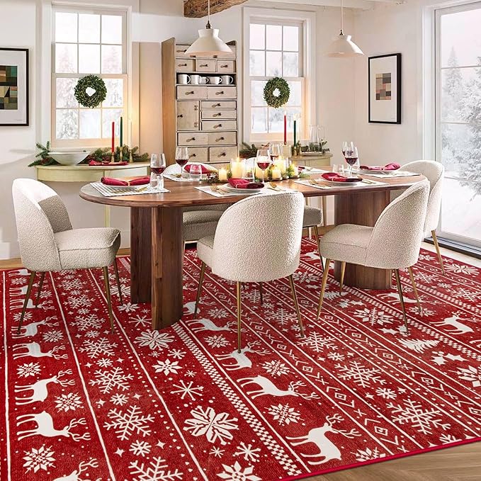 Christmas Rug 8x10 Washable Rugs, Boho Christmas Tree Snowflake Rug Non-Slip Soft Low Pile Non Shedding Indoor Holiday Decor Carpet for Living Room Bedroom Dining Room Home Office (Xmas Red, 8'x10')