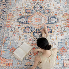 VK VK·LIVING 5x7 Area Rug Washable Rugs for Living Room Rug Vintage Design Boho 5x7 Rug with Non Slip Living Room Rug Bedroom Carpet Stain Resistant, Home Decor, Blue&Orange