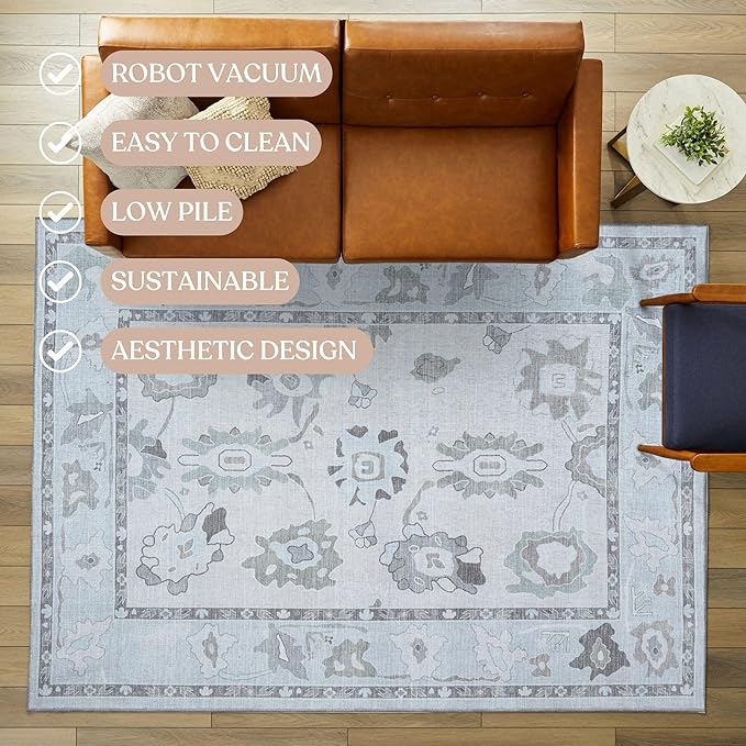 Fame Living Cream Beige Oushak Rug, Modern, Vintage, Turkish, Eclectic, Floral, Pastel, Washable, Oversized, Extra Large Area Rugs for Living Room, Dining, Bedroom, Lounge 9'5"x14'