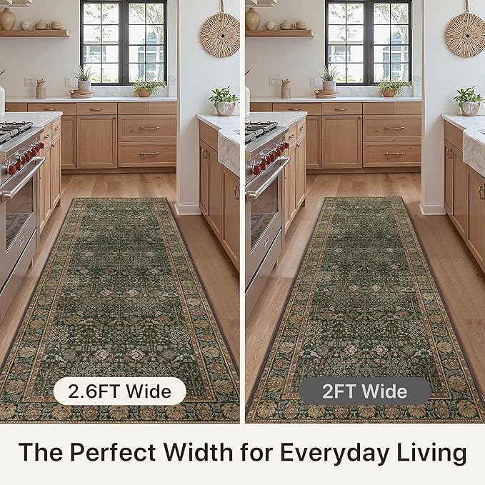 Bavni Washable Rug Runners for Hallways-Vintage Runner Rug 2'6''x8 Low Pile Floral Rugs, Non-Slip Indoor Throw Carpet for Living Room Bedroom Kitchen, Dark Green/Multi
